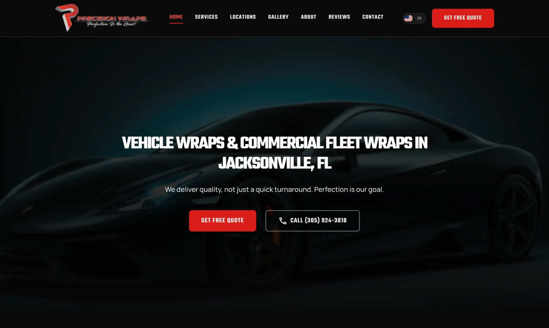 Precision Wraps Jax homepage: a dark sports car behind the headline Vehicle wraps and commercial fleet wraps in Jacksonville, FL, with Get free quote and call buttons