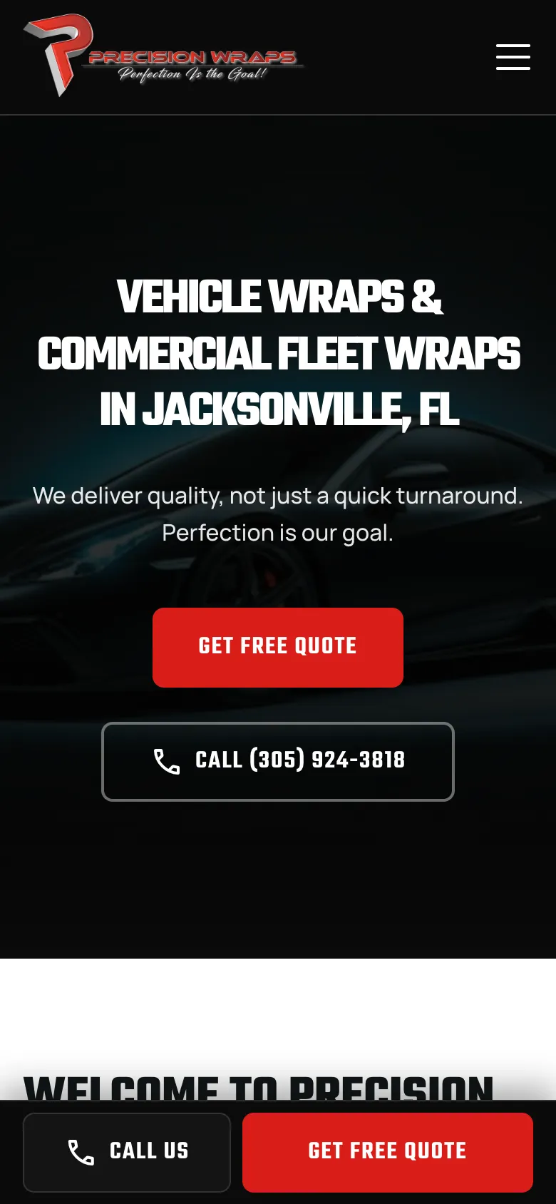 Precision Wraps Jax on a phone, with the sticky call and quote bar