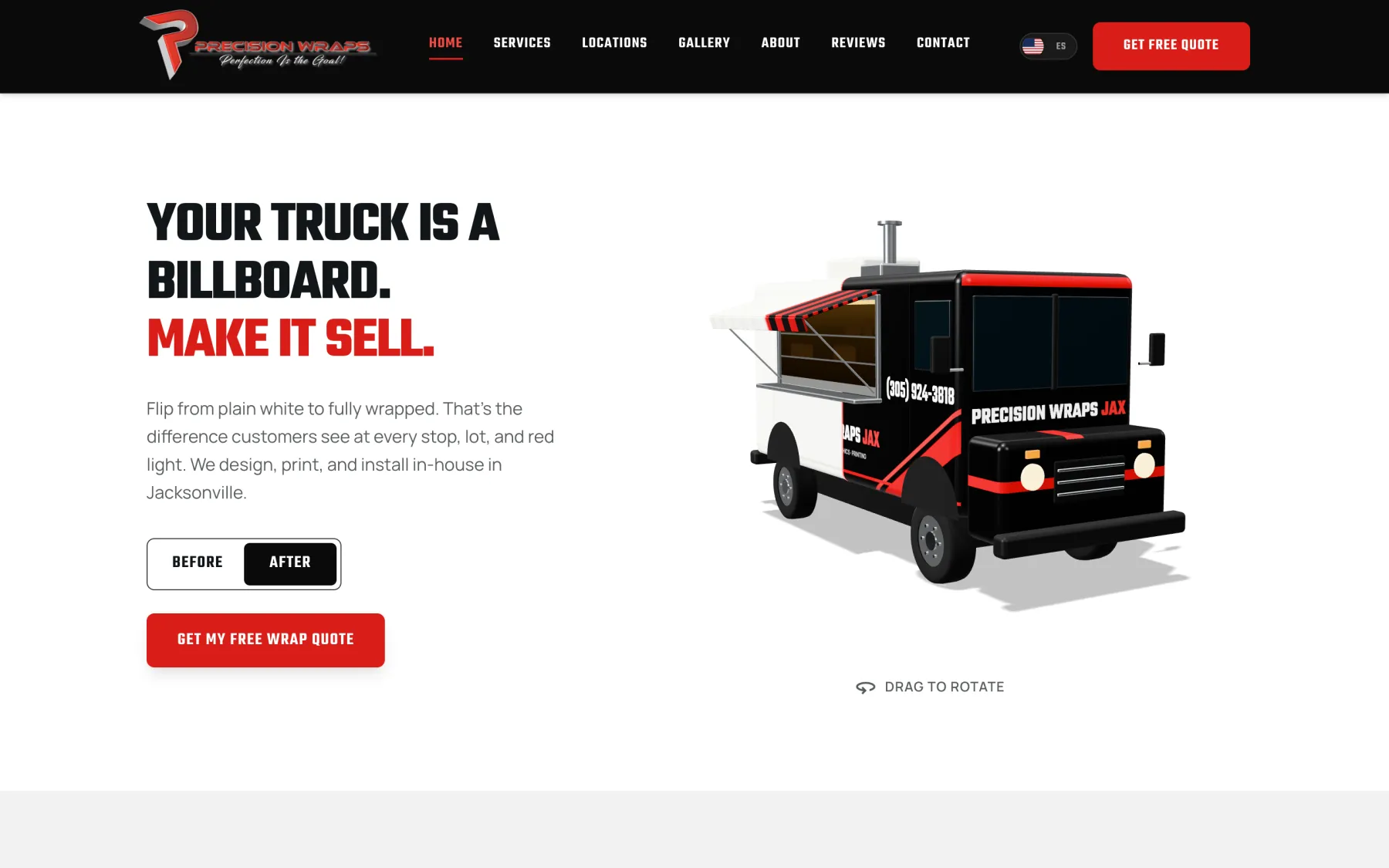 Precision Wraps Jax homepage section with a 3D food truck wrapped in the shop's black and red branding